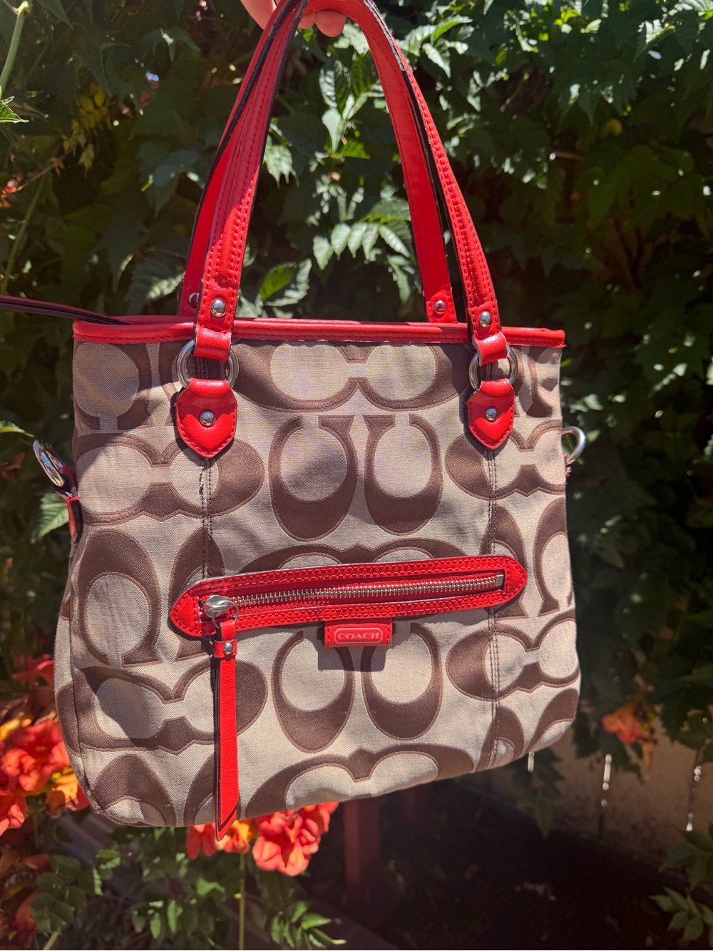 Coach Beige/Brown Signature Tote with Red Trim